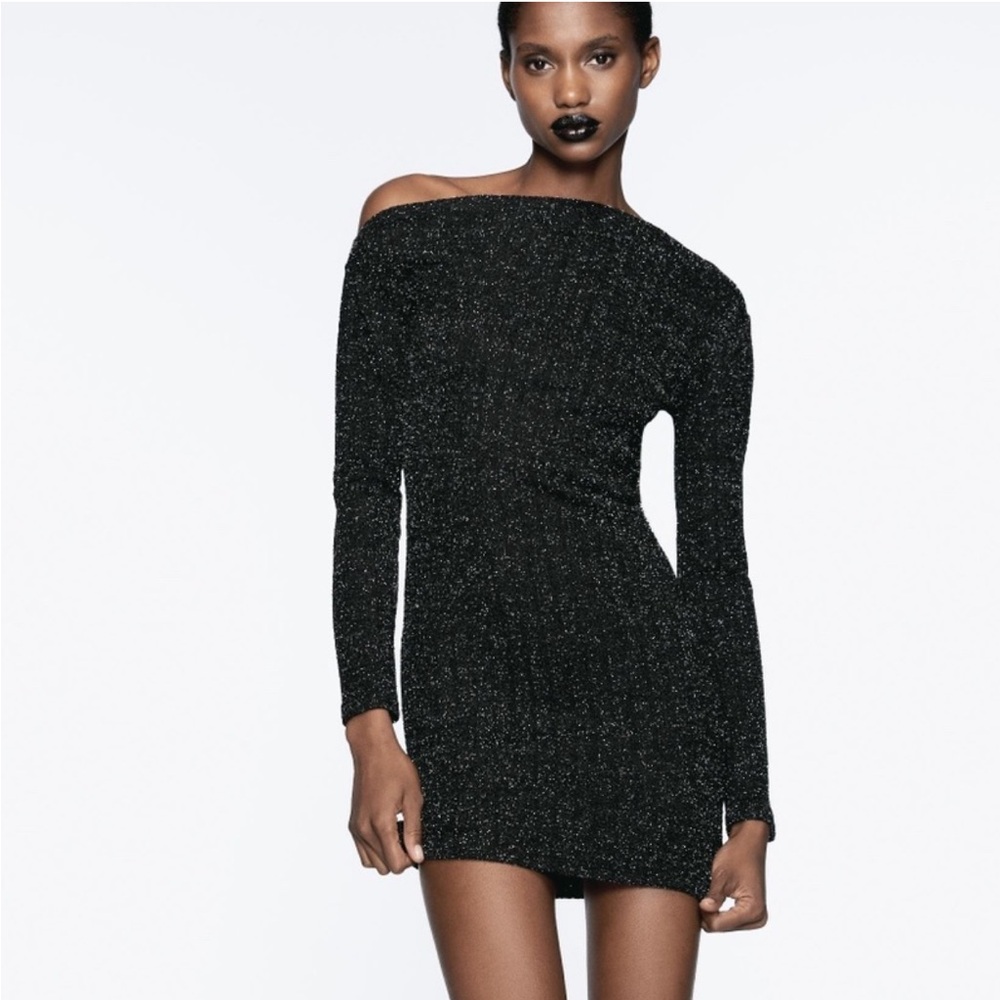Zara Black Shimmer Long Sleeve Off The Shoulder Mini Dress Size Large Going Out